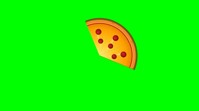 Top-view 4K motion graphics of a satisfying pizza loading animation where 8 chunky slices assemble sequentially clockwise and reverse for a seamless loop on pure green screen.