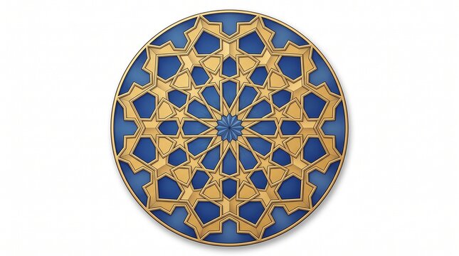 Islamic Geometric Star Pattern Circular Gold and Blue Emblem