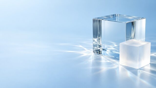 Clear glass block and frosted cube with caustic reflections on pale blue