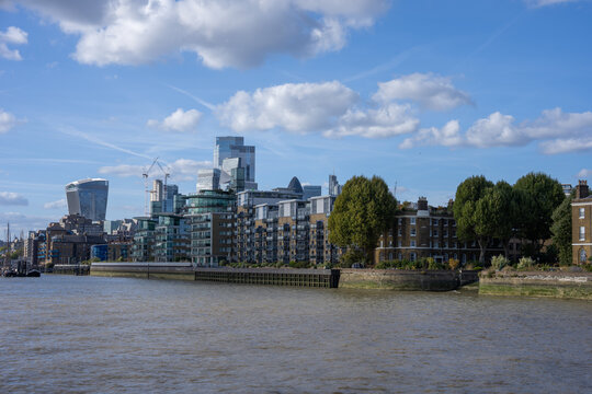 City of London Skyline and Riverside Apartments on the River Thames