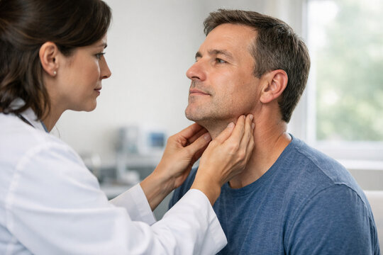 Doctor examining patient neck lymph nodes during physical exam