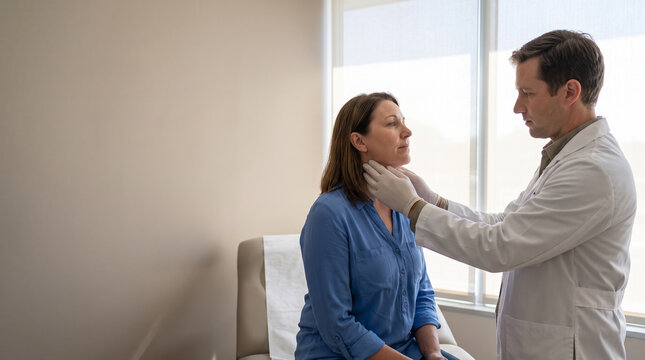 Doctor examining patient neck lymph nodes during physical exam
