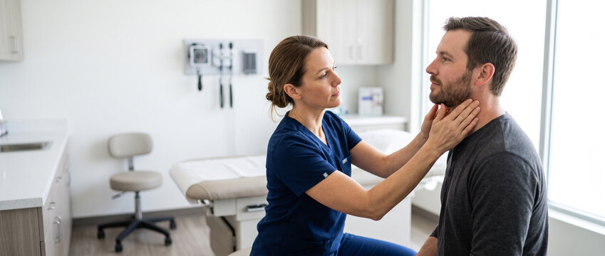 Doctor examining patient neck lymph nodes during physical exam