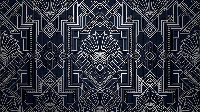 Silver Art Deco geometric pattern with metallic lines on a dark navy blue background