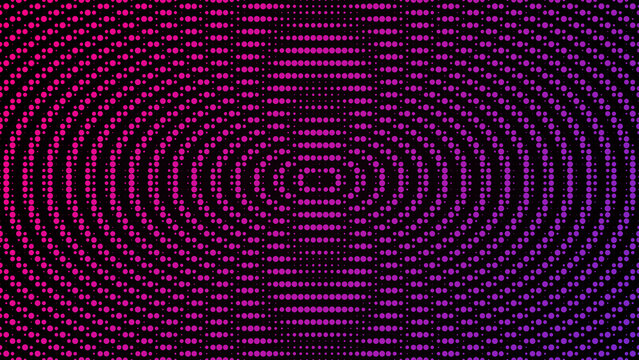 Abstract concentric oval pattern made of purple dots on a dark background, digital halftone for technology and science projects isolated on a transparent background