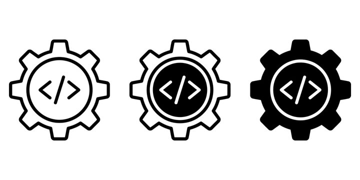 Gear icons with coding symbols in black line art and solid style for software development project interfaces.