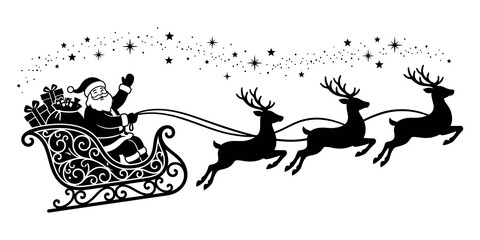 Silhouette of Santa Claus in sleigh with flying reindeer pulling gifts under sparkling starlight for Christmas design. © Adobe