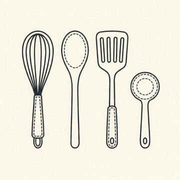 Set of hand drawn kitchen cooking utensils and baking tools