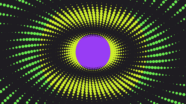 Abstract eye shape formed by green halftone dots radiating from a central solid purple circle on a dark charcoal gray background texture isolated on a transparent background