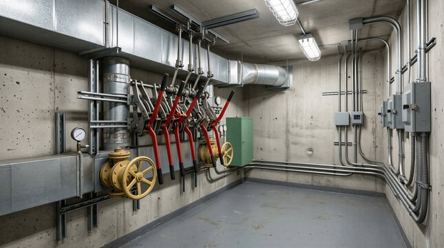 Facility maintenance utility room featuring heavy duty valves and electrical distribution panels