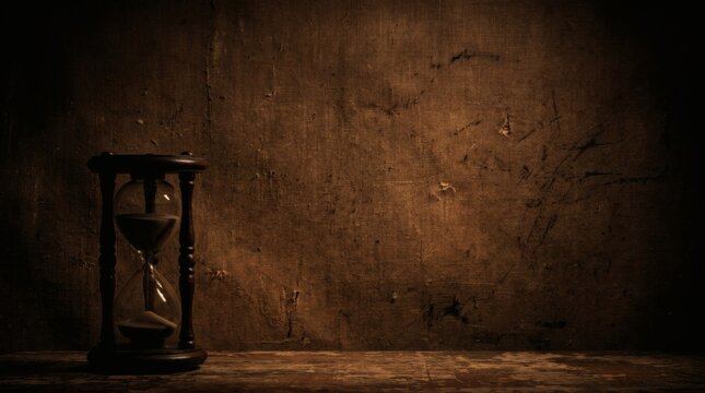 Vintage hourglass resting on rustic wooden table against dark textured backdrop conveying passage of time and fleeting moments.