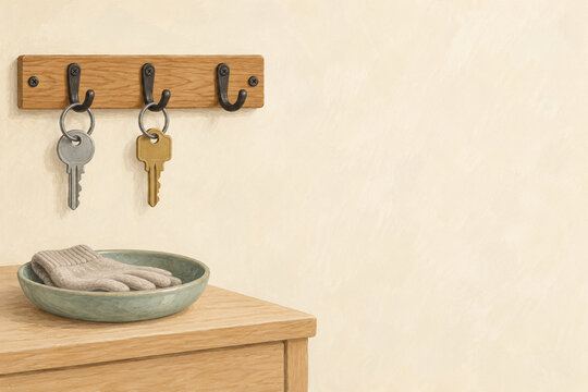 House keys hanging from a wooden entryway hook rail above a dish of gloves