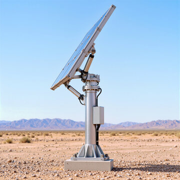 Side profile of tilted heliostat mirror on steel column exposes pivot joints, actuator and support arms against desert mountains, showing mechanical geometry used for precision solar tracking systems.