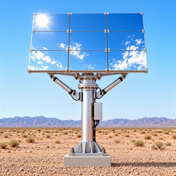 Front view of segmented heliostat mirror reflecting clouds and sunlight above desert scrub, with steel pedestal and distant mountains, illustrating solar tracking optics for concentrated solar power.