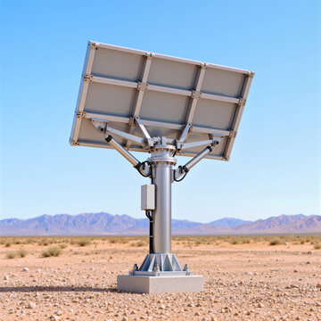 Angled rear view of heliostat reveals reinforced mirror backing, metal braces and tracking pedestal on arid terrain, highlighting structural engineering behind concentrated solar thermal systems.