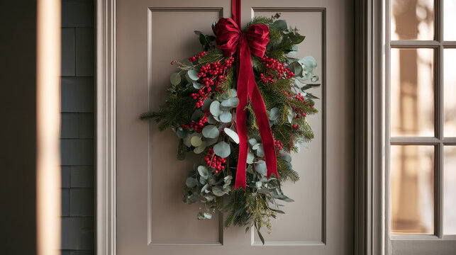 Christmas Door Swag with Evergreen Branches, Eucalyptus, Red Berries and Velvet Ribbon