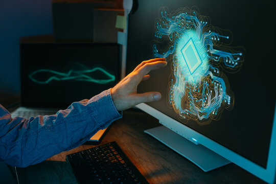 Businessman touches a futuristic artificial intelligence screen