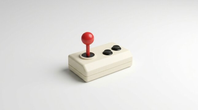 Minimalist arcade joystick controller with a red spherical handle and two black circular buttons set against a clean white background