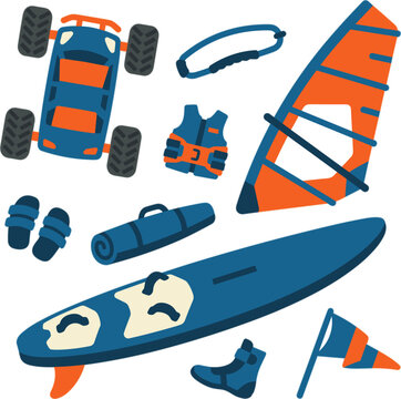 Collection of water and land sports equipment, including surfboard