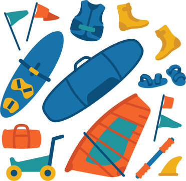 Collection of windsurfing and watersports equipment, including