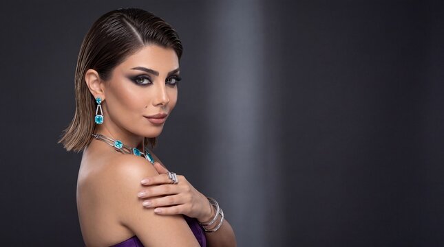 Elegant woman in purple satin dress wearing paraiba tourmaline collar necklace and platinum jewelry studio portrait