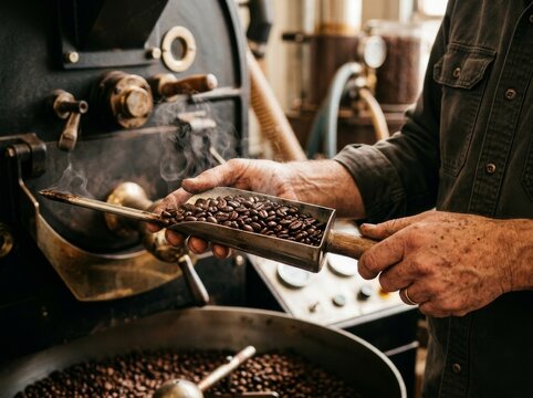 Senior artisan roaster inspecting freshly roasted coffee beans with a stainless steel sampler scoop inside an industrial roastery