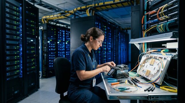 Female young adult technician splicing fiber optic cables in a data center server room