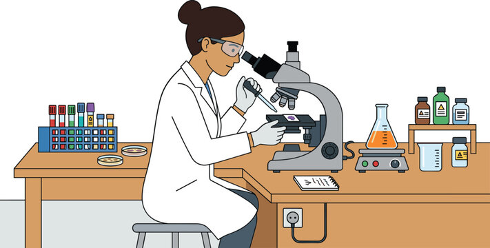 Female scientist analyzing a sample under a microscope in a laboratory setting
