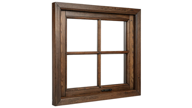 Classic square dark wooden window frame structure isolated on transparent background