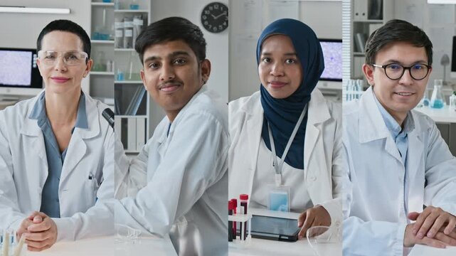 Portrait of diverse multiethnic group of scientists smiling in split screen collage at laboratory. Footage suits medical campaigns, healthcare recruitment, biotechnology research presentations
