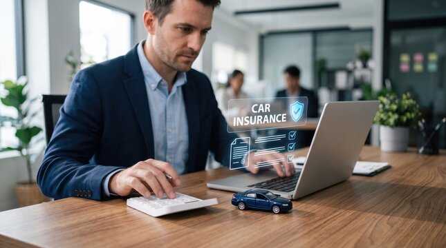 Professional businessman sitting at a wooden office desk calculating car insurance costs using a calculator and laptop, featuring a glowing digital interface graphic with a blue toy car, in a modern.
