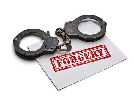 Handcuffs on paper with forgery stamp isolated on transparent background PNG cutout