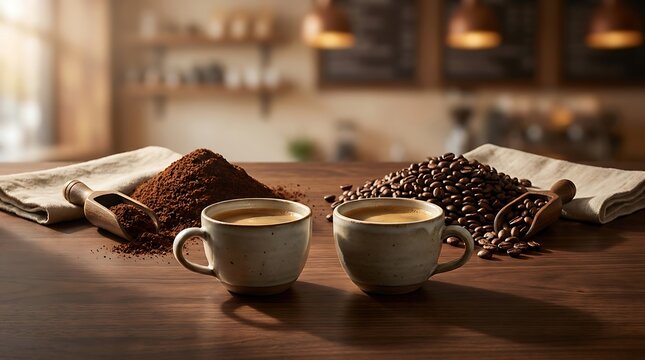 Two cups of hot coffee with roasted coffee beans and ground coffee powder on a wooden table in a cafe. decaf vs regular