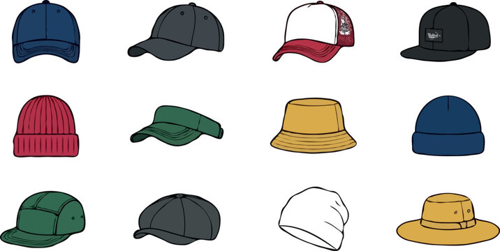 Hat vector icon set with baseball caps trucker hat winter beanies sun bucket hats flat brim cap and newsboy visor isolated