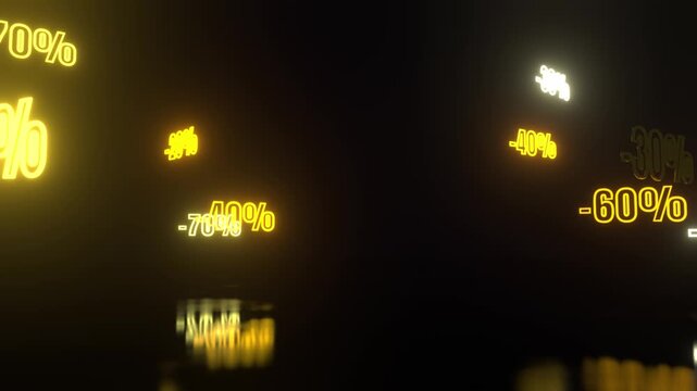 Gold neon percent signs tumbling seamless loop sale discount numbers glowing yellow white minus twenty to fifty percent off signs drift and turn in the dark for retail promotions store screens and ads