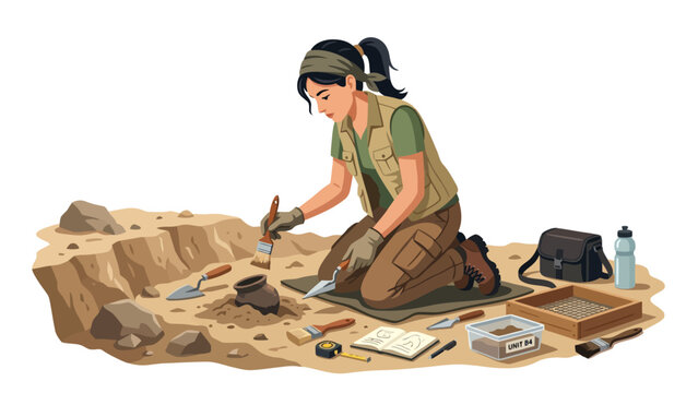Female archaeologist excavating ancient pottery at an archaeological site