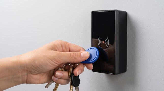 Hand holding keyring and blue RFID fob near a black access reader with wireless icon, demonstrating contactless entry authentication and security control on a wall