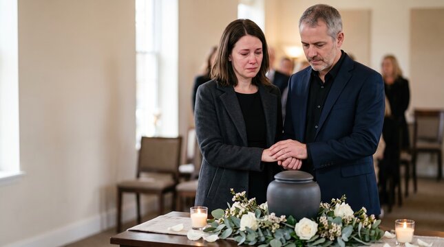Grieving couple stands by a table with urn, floral wreath, candles, and guestbook, holding hands during a memorial ceremony in a chapel-like room