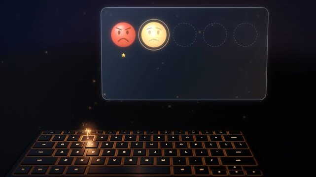 Customer feedback rating with emoji faces from angry to happy appearing above a glowing keyboard