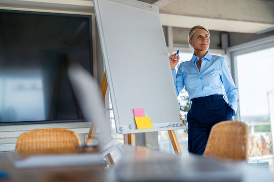 Businesswoman presents a vision on a flipchart in the office