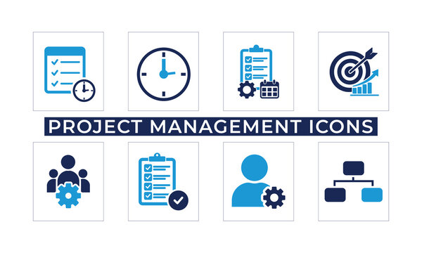 Professional project management icon set featuring tasks, schedules, deadlines, planning, teamwork, milestones, and workflow symbols.