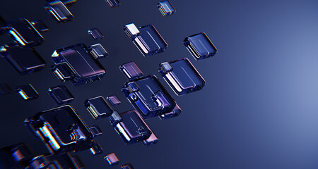 Plakat Abstract dark tech 3D background with neon glass blocks, blue purple gradient, light refraction and dispersion effects floating in air. Transparent square shapes, geometric pattern. 3D illustration