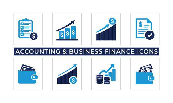 Clean accounting and business finance icon collection with clean flat vector symbols for invoices, payments, charts, wallets,  and money management. Ideal for websites, mobile app