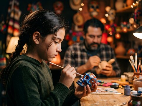 D&iacute;a de los Muertos: Teenage girl painting a decorative sugar skull with a brush in a cozy craft workshop while a bearded man works in the blurred background