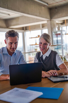 Businessman and businesswoman work on a laptop in the office
