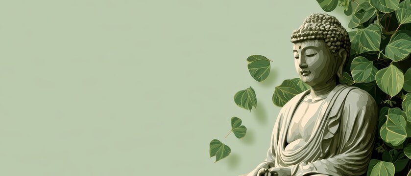 Serene statue of meditating Buddha beside green leaves on soft green background for peaceful atmosphere