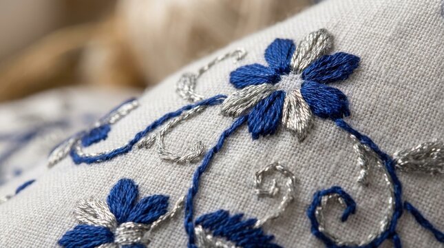 Close up shot of delicate blue and silver thread embroidery flowers intricately stitched on textured white linen fabric background surface macro view