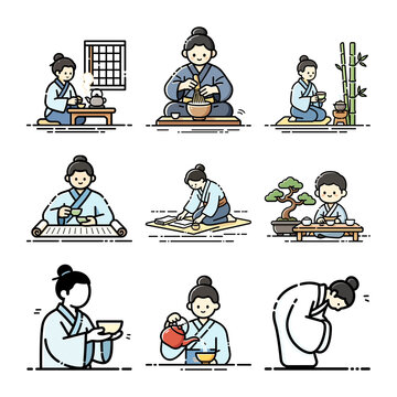 Chinese tea ceremony linear icons set, MBE style vector illustration, traditional oriental tea culture, people making tea, tea utensils, isolated on white background