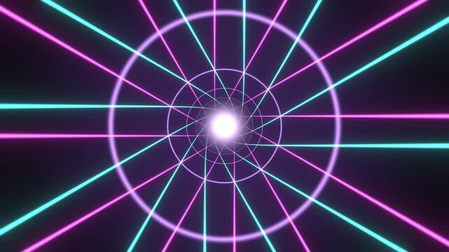 Neon lines tunnel seamless loop pink cyan purple synthwave glowing rings flight laser lines and circles zoom toward a bright center for music clips VJ sets title intros transitions and presentations