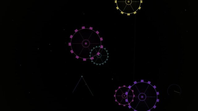 Mechanical interlocking cogs rotate in dark space within continuous looping animation